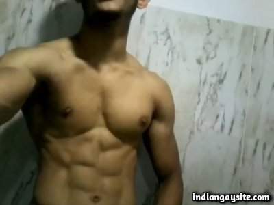 Naked horny hunk jerking off hard dick