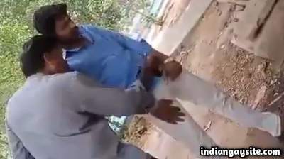 Cruising gay strangers having hot fun outside toilet