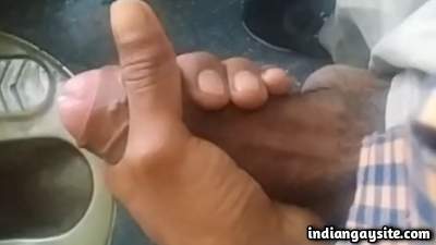 Uncut horny man masturbating in train toilet