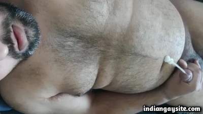 Old horny daddy cums a lot on his own body