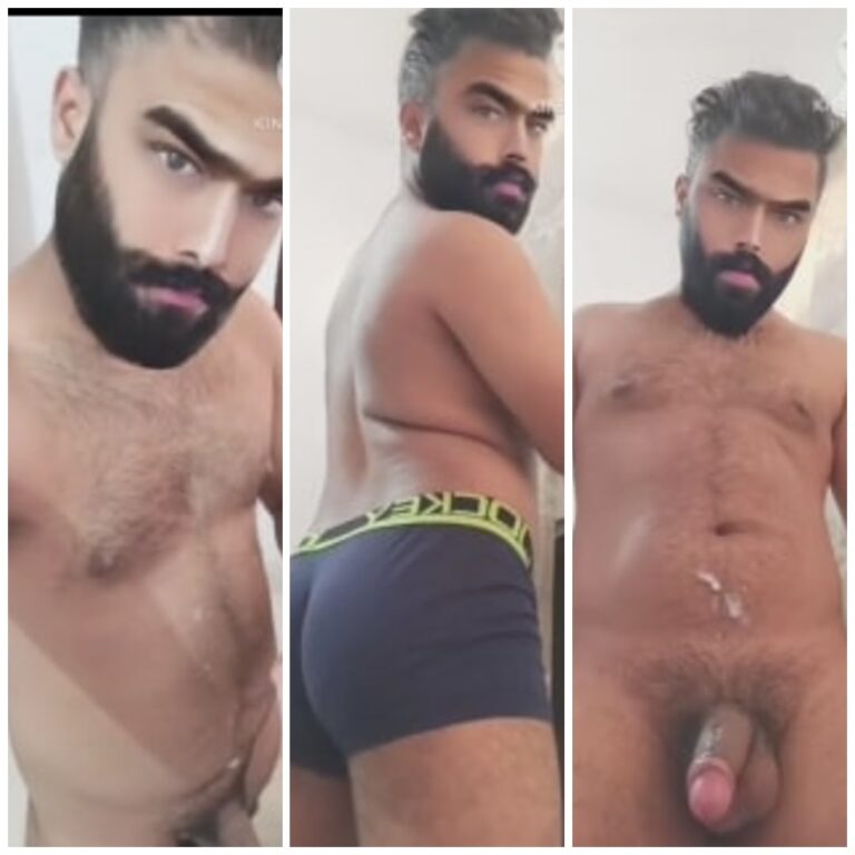 Bearded hunk stripping and masturbating