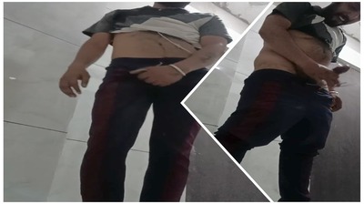 Hairy hunk cumming in mall bathroom