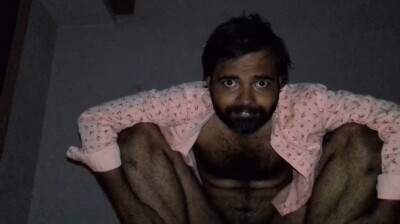 Hairy old uncle in dark stripping and masturbating