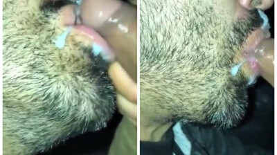 Handsome hunk swallowing creamy cum shower