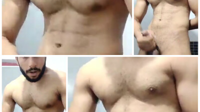 Bearded sexy stud cumming on his hands