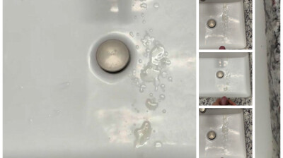 Cumming into office bathroom toilet sink