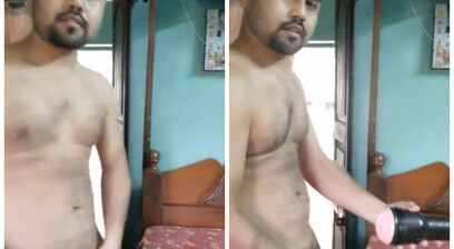 Married desi guy using sex toy in bedroom
