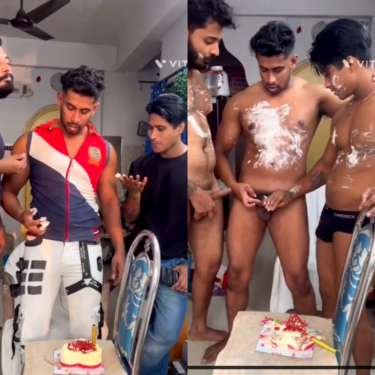 Birthday man celebrates with friends as they apply cake cream to his cock, lick his nipples, and perform a passionate threesome blowjob.