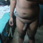 Standing chubby bear showing off soft belly, big cock and hairy body, full frontal nudity